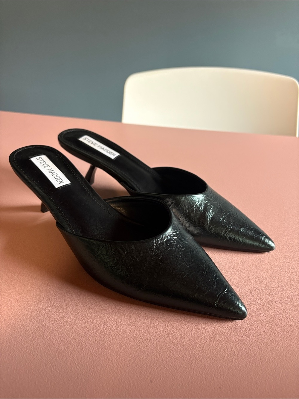 Steve Madden Black Pointed Leather-Look Mule Heels